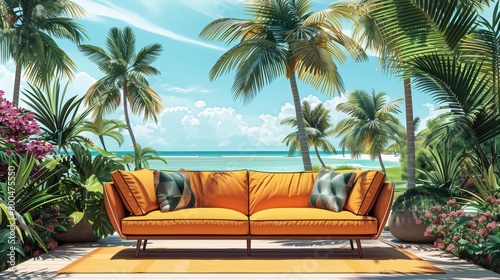 Outdoor Sofa Tropical Paradise: An illustration of an outdoor sofa in a tropical paradise © MAY