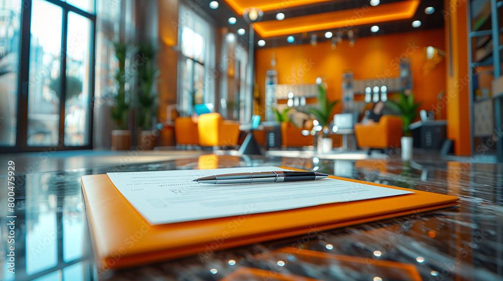Contemporary modern office room, close up view of a document paper and pen on office desk, luxury leather chairs and green household plants in background, ready for a high profile client Contemporary modern office room, close up view of a document paper and pen on office desk, luxury leather chairs and green household plants in background, ready for a high profile client