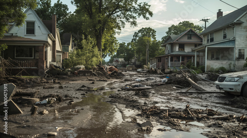Devastating mud flood aftermath in a suburban neighborhood, showing damage and destruction photo