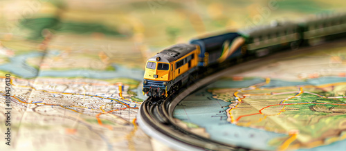 Fototapeta Naklejka Na Ścianę i Meble -  Close-up of a toy model yellow train traveling on a paper map. Creative concept of land travel by railroad.
