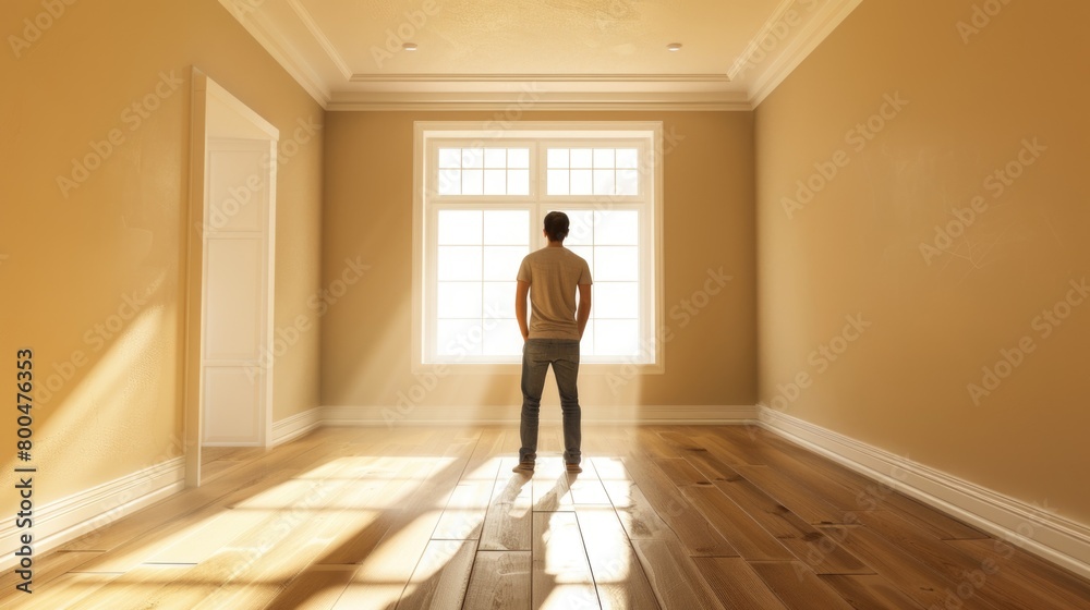 Contemplative Man Standing by a Large Window in Sunlit Room Contemplative Man Standing by a Large Window in Sunlit Room