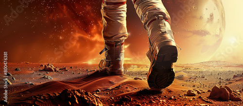 Close-up of an astronaut's legs to a spacesuit walking on the surface of mars with space in the background. Space exploration, new planets.