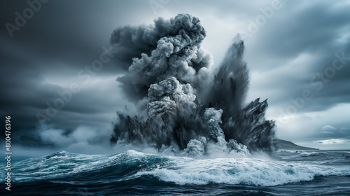 A powerful display of nature's fury as a volcanic eruption spews an enormous ash cloud above the churning ocean waves photo