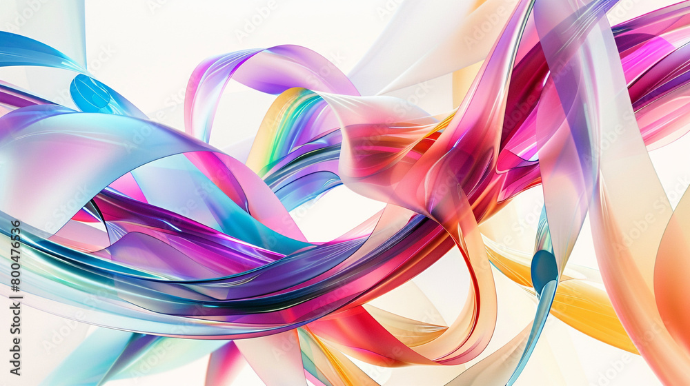 A dynamic array of chromatic ribbons dance across a pure white background, creating a visually striking scene.