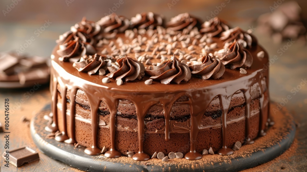   A chocolate cake, topped with chocolate frosting, sits atop a weathered wooden table Chocolate chips border the cake's edge
