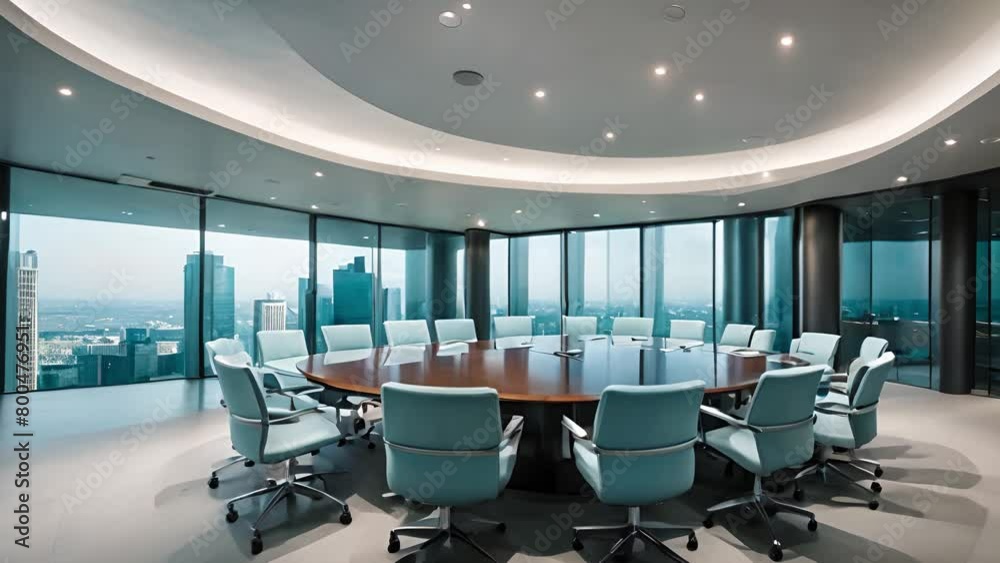 A business center designed for conferences and negotiations, offering a view of impressive skyscrapers outside the window, all in delicate, light blue colors. A business center designed for conferences and negotiations, offering a view of impressive skyscrapers outside the window, all in delicate, light blue colors.