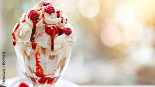  ice cream topped with raspberries and whipped cream, served with a spoon