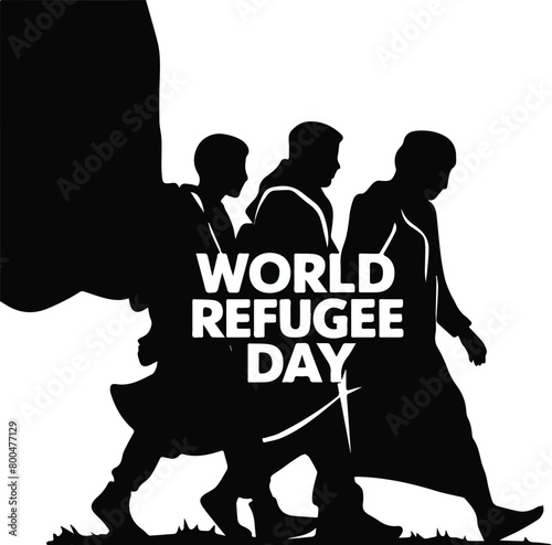 Vector illustration of black Silhouette, palm tree, and sun for World Refugee Day banner and poster template design.
