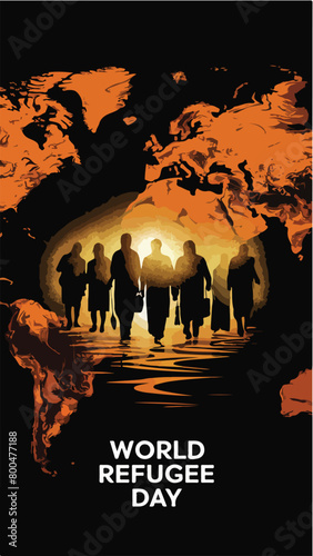 Vector illustration of black Silhouette, palm tree, and sun for World Refugee Day banner and poster template design.