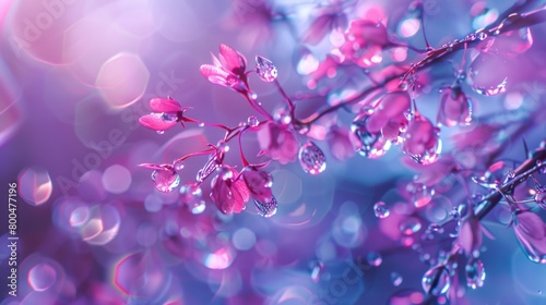 Vibrant Spring Blossoms with Dewdrops on Ethereal Blue Background