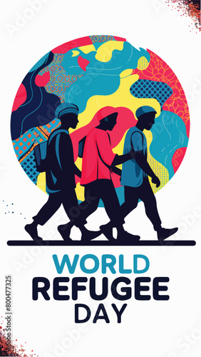 Vibrant Colorful vector illustration of banner template design for World Refugee Day Muslim people walking to seek house.
