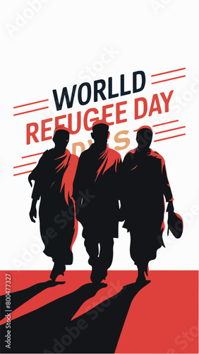 Vector illustration of black Silhouette, palm tree, and sun for World Refugee Day banner and poster template design.