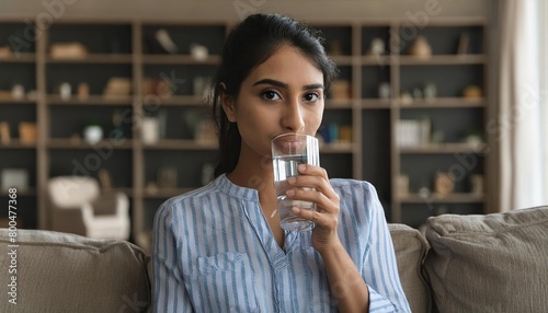Beautiful woman drinks water from a glass  isolated on a black background with copy space. A beautiful young Indian girl drinking clean  fresh  clear water for skin care and beauty.