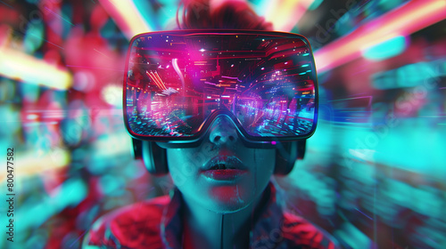 Virtual reality: an image of a person immersed in a VR world using virtual reality glasses © Olga