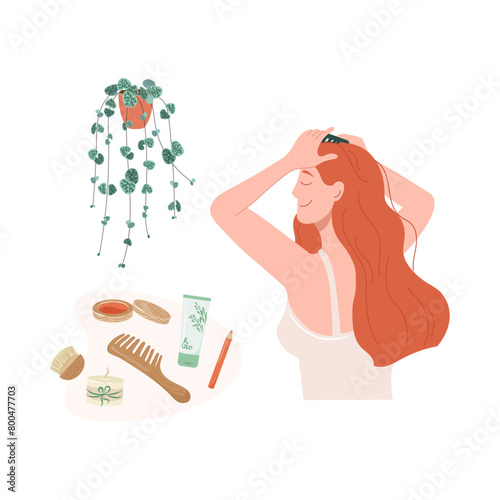 Young girl combing her hair at home. Daily morning routine. Flat vector illustration of young redhead woman taking care of herself preens her hair isolated on white background