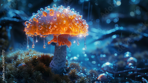 red and blue golden glowing glimmering enchanted magical mushroom generative art photo