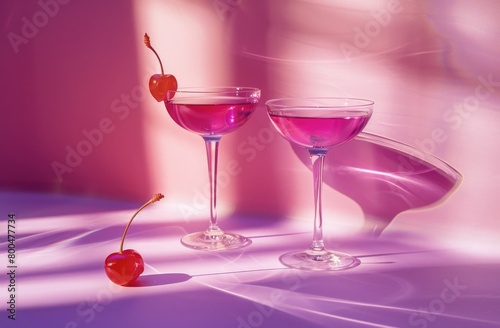 Elegant Pink Cocktails with Cherries in Soft Lighting