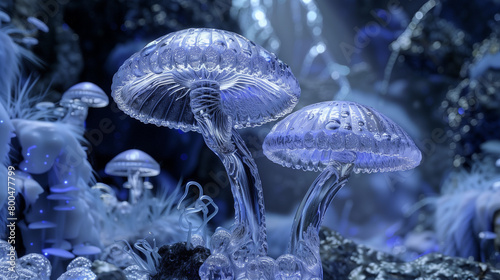 blue crystal clear glowing glimmering enchanted magical mushroom generative art