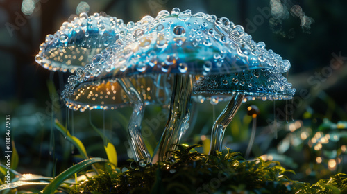 blue hue glowing glimmering enchanted magical mushroom generative art