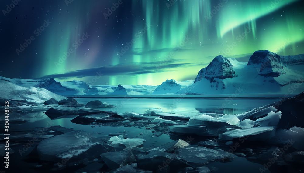Arctic night with aurora borealis lighting up the sky, icy landscape below, serene and cold beauty