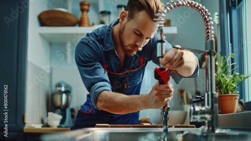Man Repairing Kitchen Sink photo