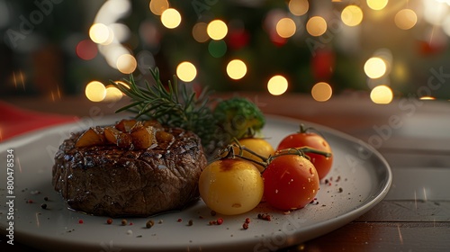  A white plate holds a piece of meat and a mound of cherry tomatoes, alongside regular tomatoes A sprig of rosemary sits atop the dish