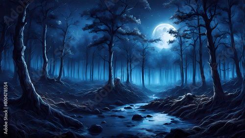 dark forest scenery at night beautiful glowing under full moon Generative AI