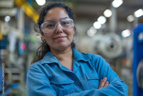smiling hispanic female factory worker posing looking at the camera.