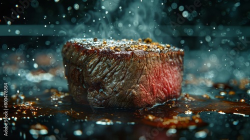   A steak atop a brown-sauce-covered table  dotted with seasoning sprinkles