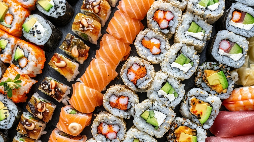 A person holds up a platter with assorted sushi, displaying another platter filled with similar dishes behind A person holds up a platter with assorted sushi, displaying another platter filled with similar dishes behind