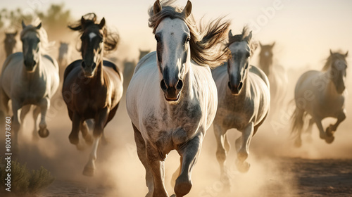 Horses with long mane portrait run gallop in desert dust