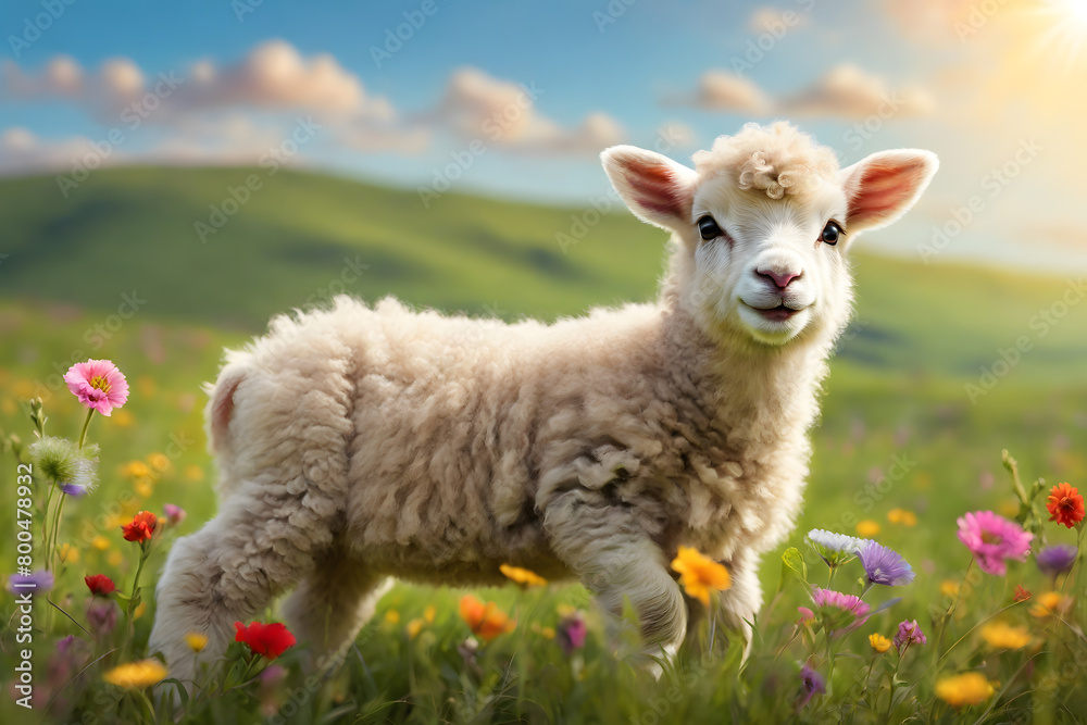Cartoon-style, a baby lamb with an endearing forward gaze stands amidst a vibrant grassland with flowers. Ideal for children or kids-related content. Cartoon-style, a baby lamb with an endearing forward gaze stands amidst a vibrant grassland with flowers. Ideal for children or kids-related content.