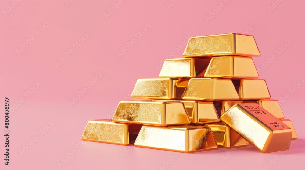 Shimmering Golden Bullion Bars Stacked on a Pink Background Shimmering Golden Bullion Bars Stacked on a Pink Background