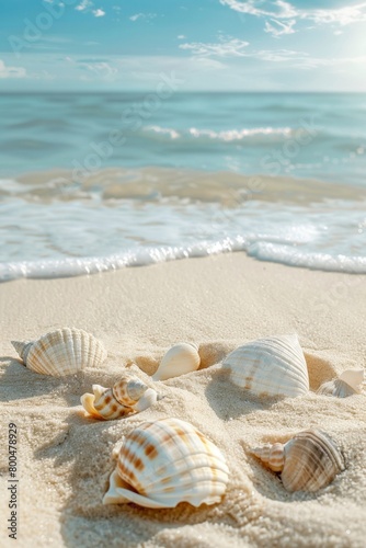 Serene Beach Seashell Collection on Sandy Shore with Azure Ocean Waves. Vertical © Jullia
