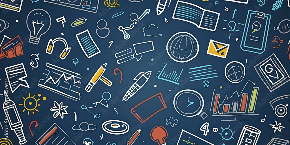 business icons in simple outline doodle design scattered on a full background business icons in simple outline doodle design scattered on a full background