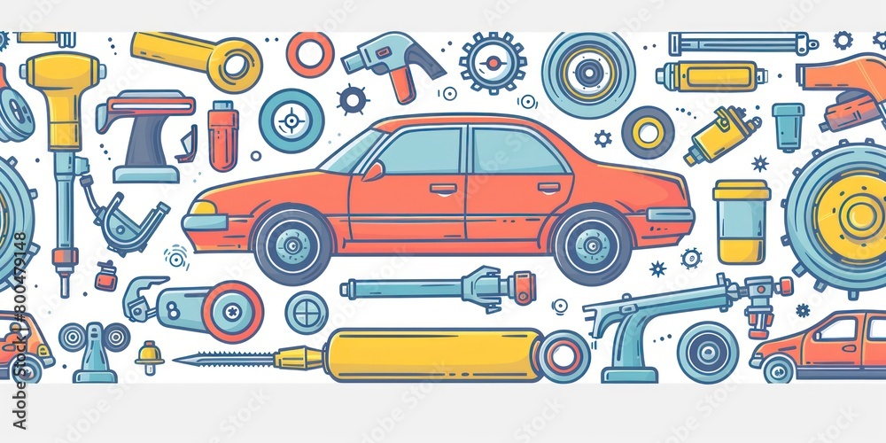 Naklejka premium car service icons in simple outline doodle design scattered on a full background