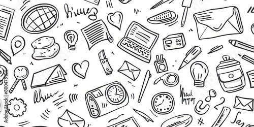 business icons in simple outline doodle design scattered on a full background