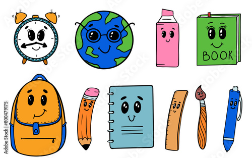 Set isolated school supplies groovy characters in gloves. Education conception. Funky cute characters. Emotional funky notebook, pen and book. School bag, marker and brush.