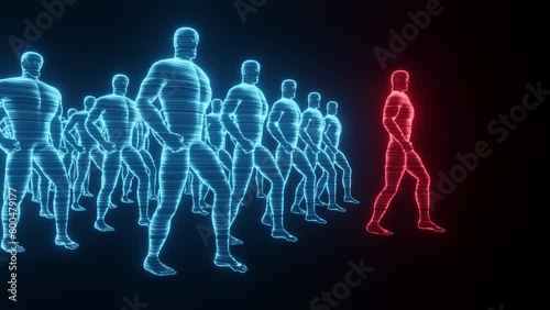 The cyborg squad is coming. A group of blue holographic cyborgs is following the red leader for scifi projects, templates, banners, posters. 4k loopable footage. 3d render, modern design stock video.