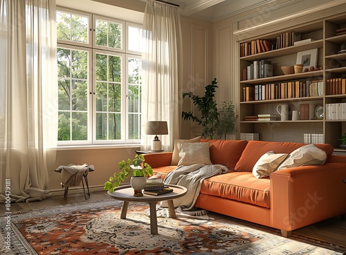 Elegant English living room with an orange sofa photo