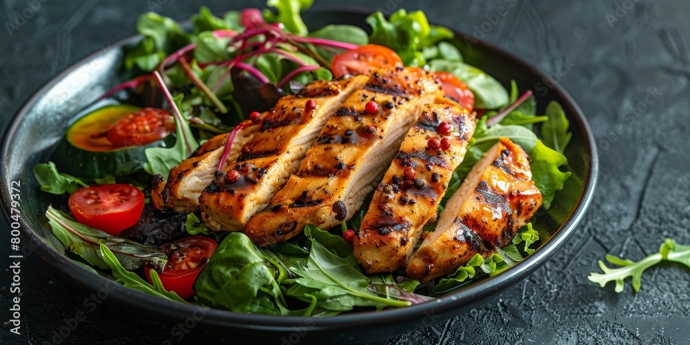 Plate of Chicken and Salad on Table Plate of Chicken and Salad on Table