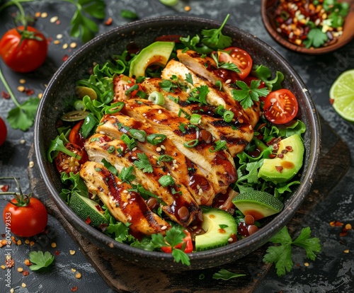 Bowl of Grilled Chicken, Avocado, and Tomatoes