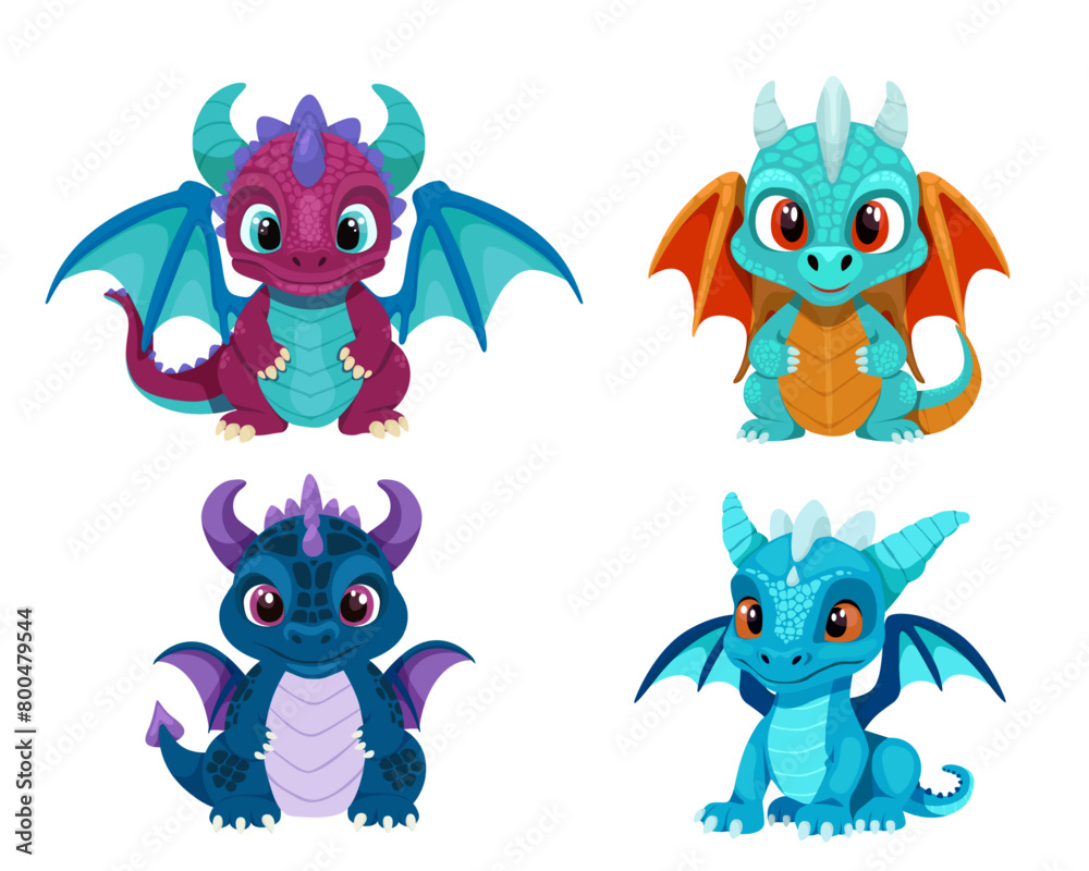 Cartoon dragon set. Fairy cute dragonfly icons collection. Baby fire dragon or dinosaur cute characters. Fairytale monsters.