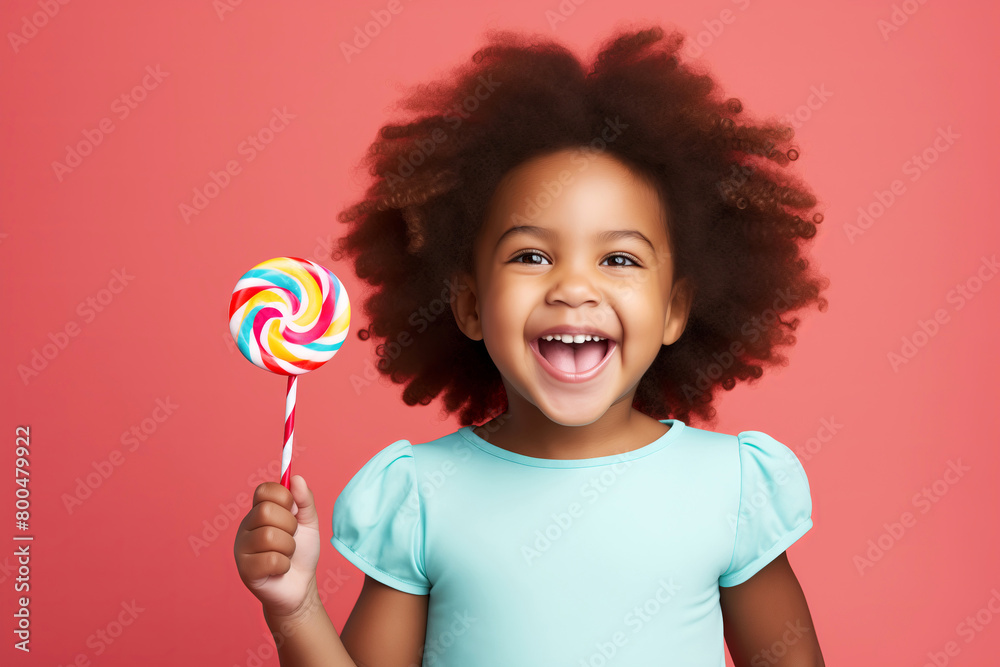 laughing Little african american Girl with afro Hairstyle Holding a candy Lollipop on red Background with copy space