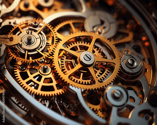 Digital clockwork mechanism, intricate gears and wires, close view, backlit