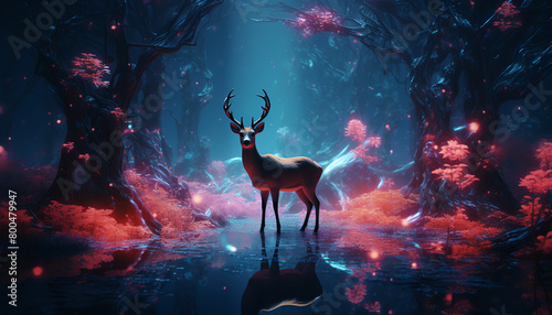 Digital forest simulation, holographic trees and animals, ethereal, twilight environment