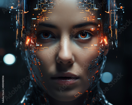 Digital portrait of a cyborg face  closeup  pixelated skin  hightech background