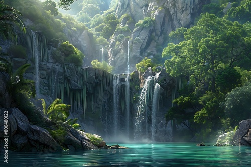 A secluded lagoon with waterfalls cascading down from high cliffs into the emerald waters below