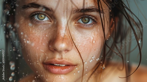 Intense Close-Up Portrait of a Young Woman with Water Droplets on Face. Generative ai