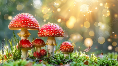  A red mushroom cluster sits atop a verdant green field, bordering a forest teeming with lush green grass